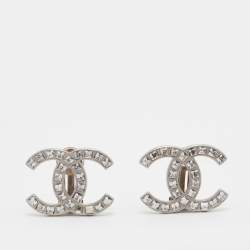 Chanel Silver Tone Baguette Crystal CC Clip On Earrings Chanel