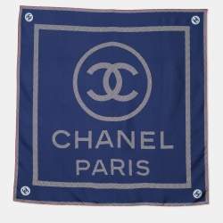 Pre Owned Chanel Navy Blue CC Logo Print Silk Scarf