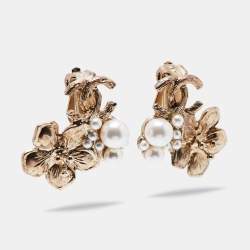 CHANEL Metal Crystal Pearl 90s Camellia CC Drop Earrings Gold 830774