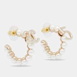 Chanel Gold Tone Faux Pearl CC Charm Hoop Earrings Chanel