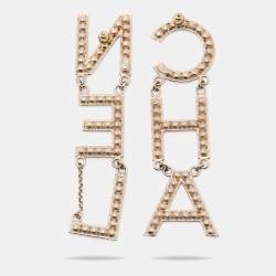 Pre Owned Chanel Pale Gold Tone Crystal Studded Logo Drop Earrings