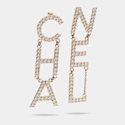 Pre Owned Chanel Pale Gold Tone Crystal Studded Logo Drop Earrings