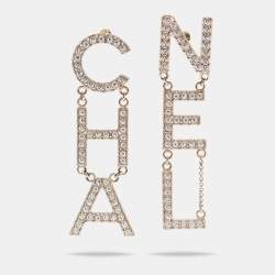Pre Owned Chanel Pale Gold Tone Crystal Studded Logo Drop Earrings