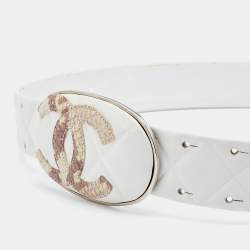 Pre Owned Chanel White Leather CC Belt 80 CM