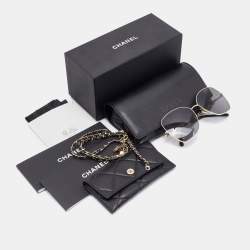 Pre Owned Chanel Gold Tone/Grey CC Leather Chain 4274 Butterfly Sunglasses