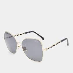 Pre Owned Chanel Gold Tone/Grey CC Leather Chain 4274 Butterfly Sunglasses