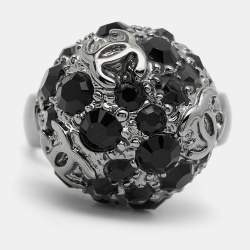 Pre Owned Chanel Gunmetal Tone Black Crystal CC Sphere Ring Size EU 52.5