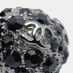 Pre Owned Chanel Gunmetal Tone Black Crystal CC Sphere Ring Size EU 52.5