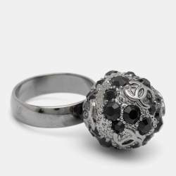 Pre Owned Chanel Gunmetal Tone Black Crystal CC Sphere Ring Size EU 52.5