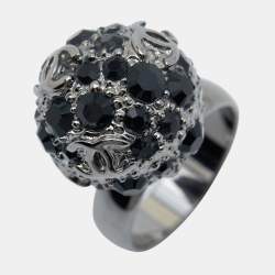 Pre Owned Chanel Gunmetal Tone Black Crystal CC Sphere Ring Size EU 52.5