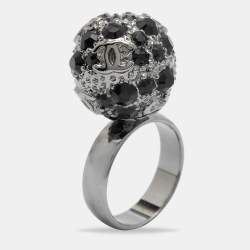 Pre Owned Chanel Gunmetal Tone Black Crystal CC Sphere Ring Size EU 52.5