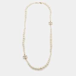 Pre Owned Chanel Faux Pearl CC Charm Long Necklace