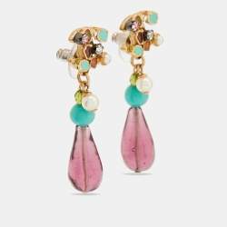 Chanel Gold Tone Multicolor Enamel Crystal CC Bead Drop Earrings