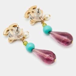 Chanel Gold Tone Multicolor Enamel Crystal CC Bead Drop Earrings