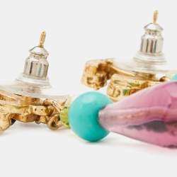Chanel Gold Tone Multicolor Enamel Crystal CC Bead Drop Earrings