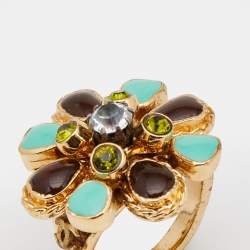Pre Owned Chanel Gold Tone Multicolor Gripoix Cocktail Ring Size EU 52.5