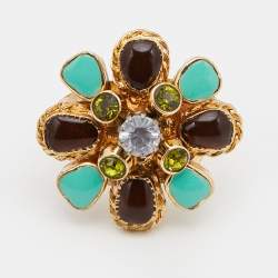 Pre Owned Chanel Gold Tone Multicolor Gripoix Cocktail Ring Size EU 52.5
