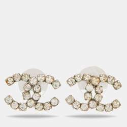 Pre Owned Chanel Silver Tone Crystal CC Stud Earrings