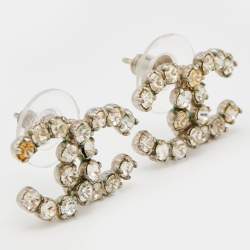 Pre Owned Chanel Silver Tone Crystal CC Stud Earrings