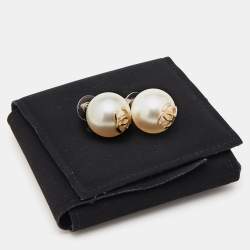 Pre Owned Chanel Gold Tone Large Faux pearl CC Stud Earrings
