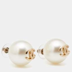 Pre Owned Chanel Gold Tone Large Faux pearl CC Stud Earrings