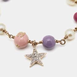 Pre Owned Chanel Pale Gold Tone CC Crystal Star & Bead Bracelet