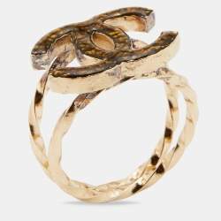 Pre Owned Chanel CC Resin Gold Tone Ring Size 53