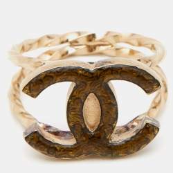 Pre Owned Chanel CC Resin Gold Tone Ring Size 53