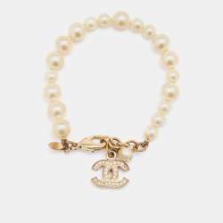 Chanel Gold Tone CC Charm Faux Pearl Bracelet