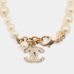 Chanel Gold Tone CC Charm Faux Pearl Bracelet