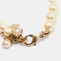 Chanel Gold Tone CC Charm Faux Pearl Bracelet