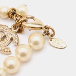 Chanel Gold Tone CC Charm Faux Pearl Bracelet
