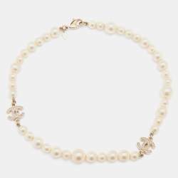 Chanel Gold Tone Crystal CC Charm Faux Pearl Short Necklace