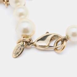 Chanel Gold Tone Crystal CC Charm Faux Pearl Short Necklace
