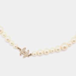 Chanel Gold Tone Crystal CC Charm Faux Pearl Short Necklace