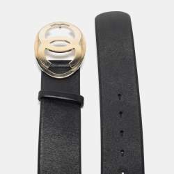 مملوكة مسبقًا حزام عريض شانيل بإبزيم شعار CC جلد أسود 85 سم