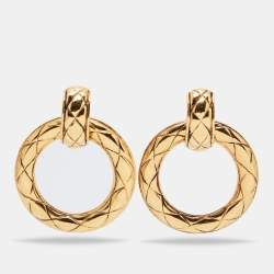 Pre Owned Chanel Vintage Gold Tone Quilt Pattern Detachable Hoop Earrings