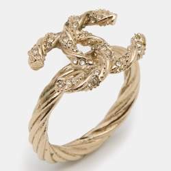 Pre Owned Chanel Gold Tone Crystal Twist CC Cocktail Ring Size EU 54