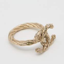 Pre Owned Chanel Gold Tone Crystal Twist CC Cocktail Ring Size EU 54