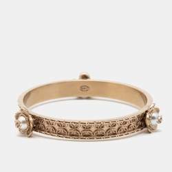 Pre Owned Chanel CC Floral Faux Pearl Gold Tone Bangle Bracelet