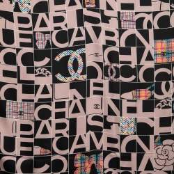 Pre Owned Chanel Black & Beige Check Logo Print Silk Scarf