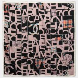 Pre Owned Chanel Black & Beige Check Logo Print Silk Scarf