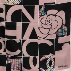 Pre Owned Chanel Black & Beige Check Logo Print Silk Scarf