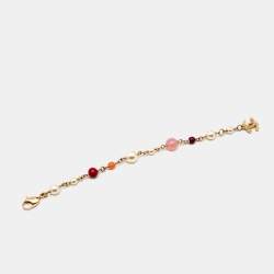 Pre Owned Chanel Gold Tone Pink Beaded CC Charm Bracelet