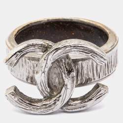 Pre Owned Chanel Gunmetal Tone Logo Band Ring Size 52.5
