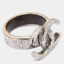 Pre Owned Chanel Gunmetal Tone Logo Band Ring Size 52.5