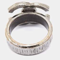 Pre Owned Chanel Gunmetal Tone Logo Band Ring Size 52.5