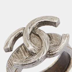 Pre Owned Chanel Gunmetal Tone Logo Band Ring Size 52.5