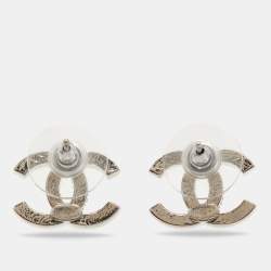 Pre Owned Chanel CC Crystal Silver Tone Earrings
