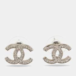 Pre Owned Chanel CC Crystal Silver Tone Earrings